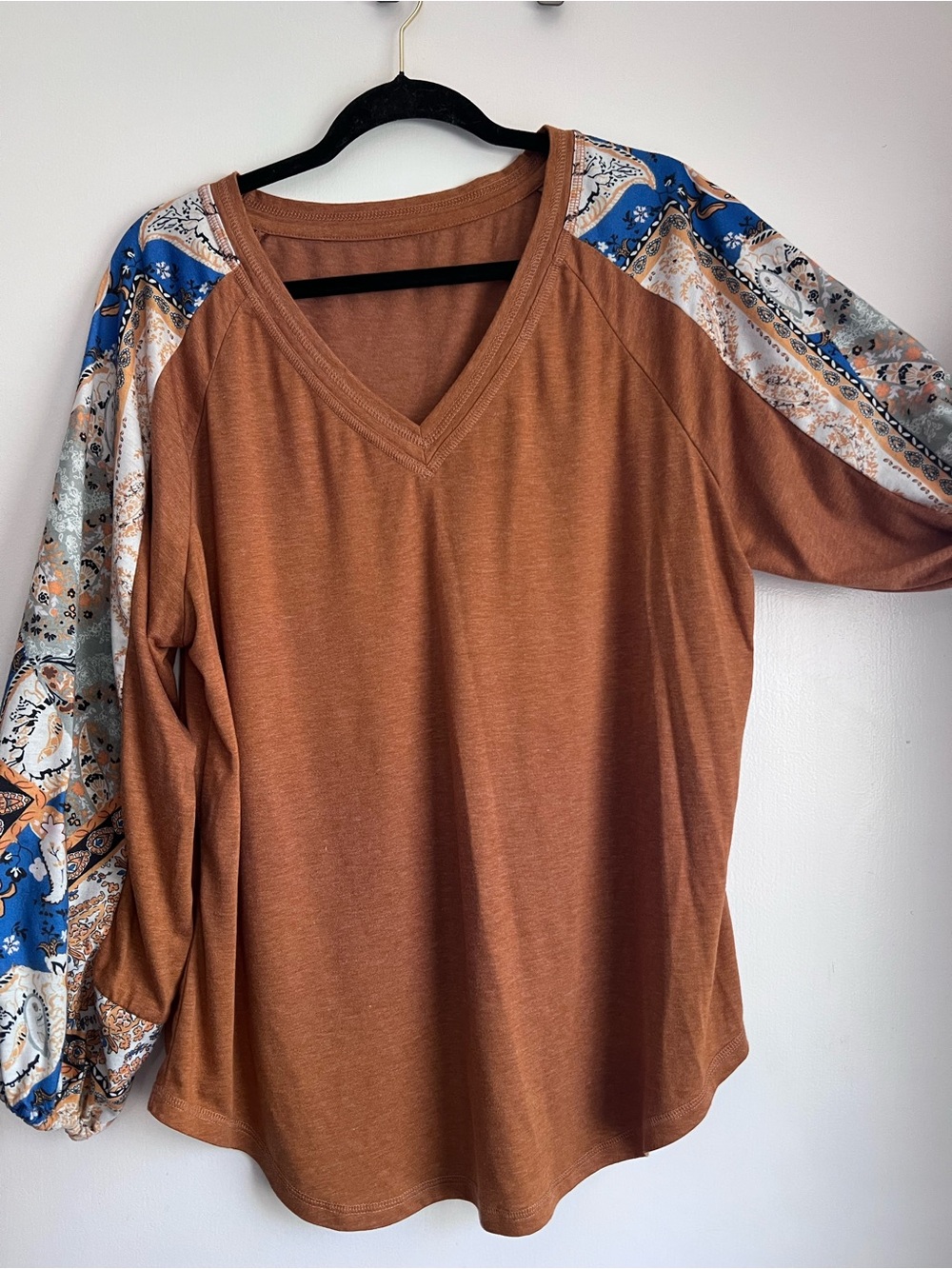 V-Neck Rust Long Sleeve Top with Blue Paisley Sleeve Accents